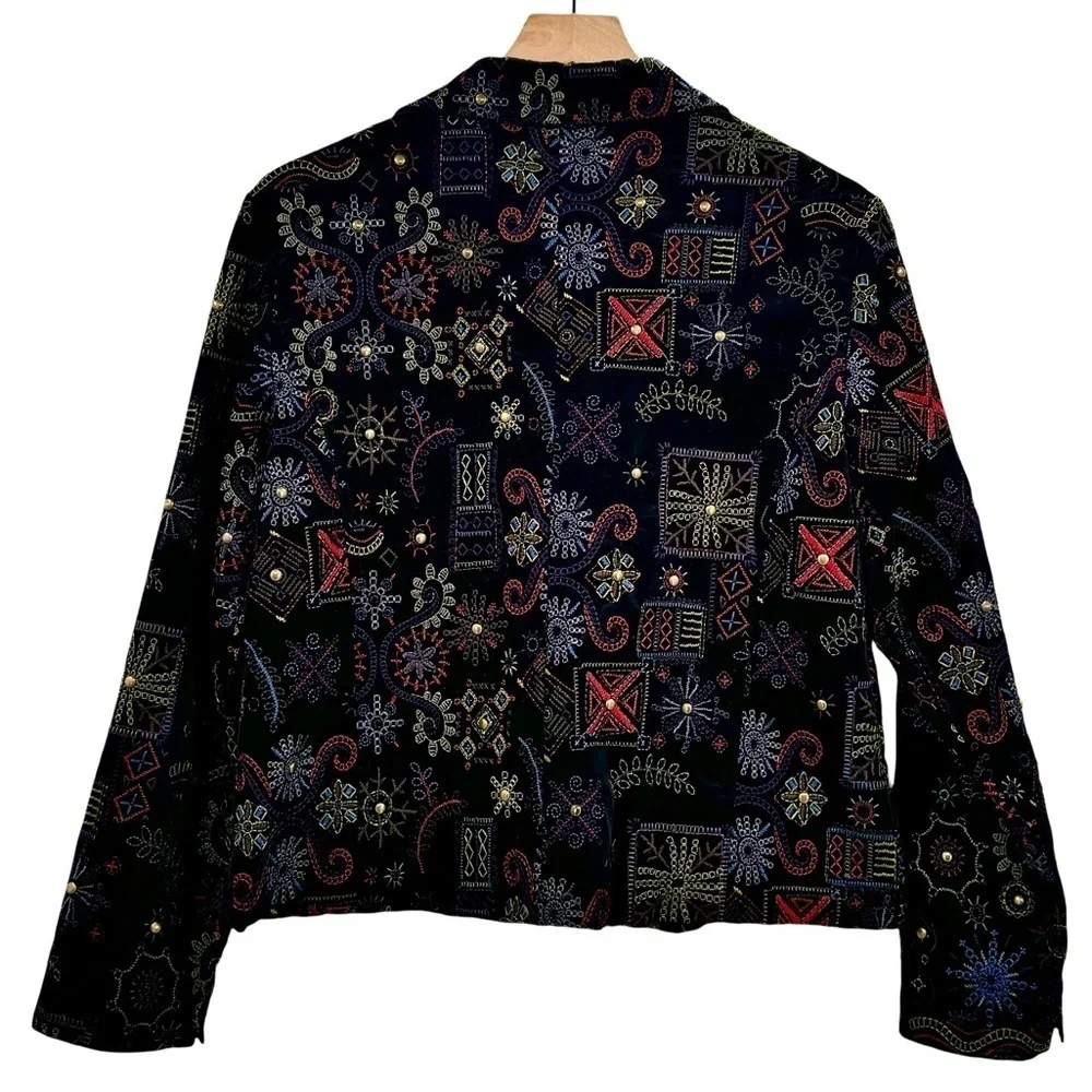 Chico's Statement Jacket Black Velour Colorful Embroidery Studded Boxy | 1 8/10 - Picture 3 of 11